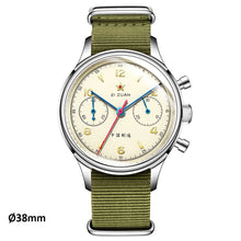 Load image into Gallery viewer, original Seagull 1963 38mm 21 zuan sapphire glass Airforce mechanical chronograph watch,  sea gull st19 watches men, chinese st1901 hand winding movement reloj, leather strap