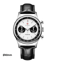 Load image into Gallery viewer, original Seagull 1963 40 21 zuan sapphire glass Airforce mechanical white panda dial chronograph watch,  sea gull st19 watches men, chinese st1901 hand winding movement reloj, leather strap