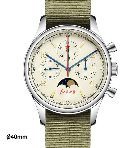 original Seagull 1963 40mm 21 zuan sapphire glass Airforce mechanical moon phase chronograph watch,  sea gull st1908 watches men, st1908 moonphase hand winding movement reloj, leather strap