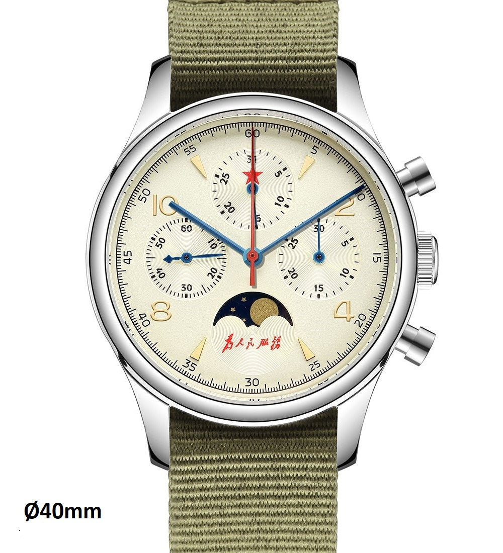 original Seagull 1963 40mm 21 zuan sapphire glass Airforce mechanical moon phase chronograph watch,  sea gull st1908 watches men, st1908 moonphase hand winding movement reloj, leather strap