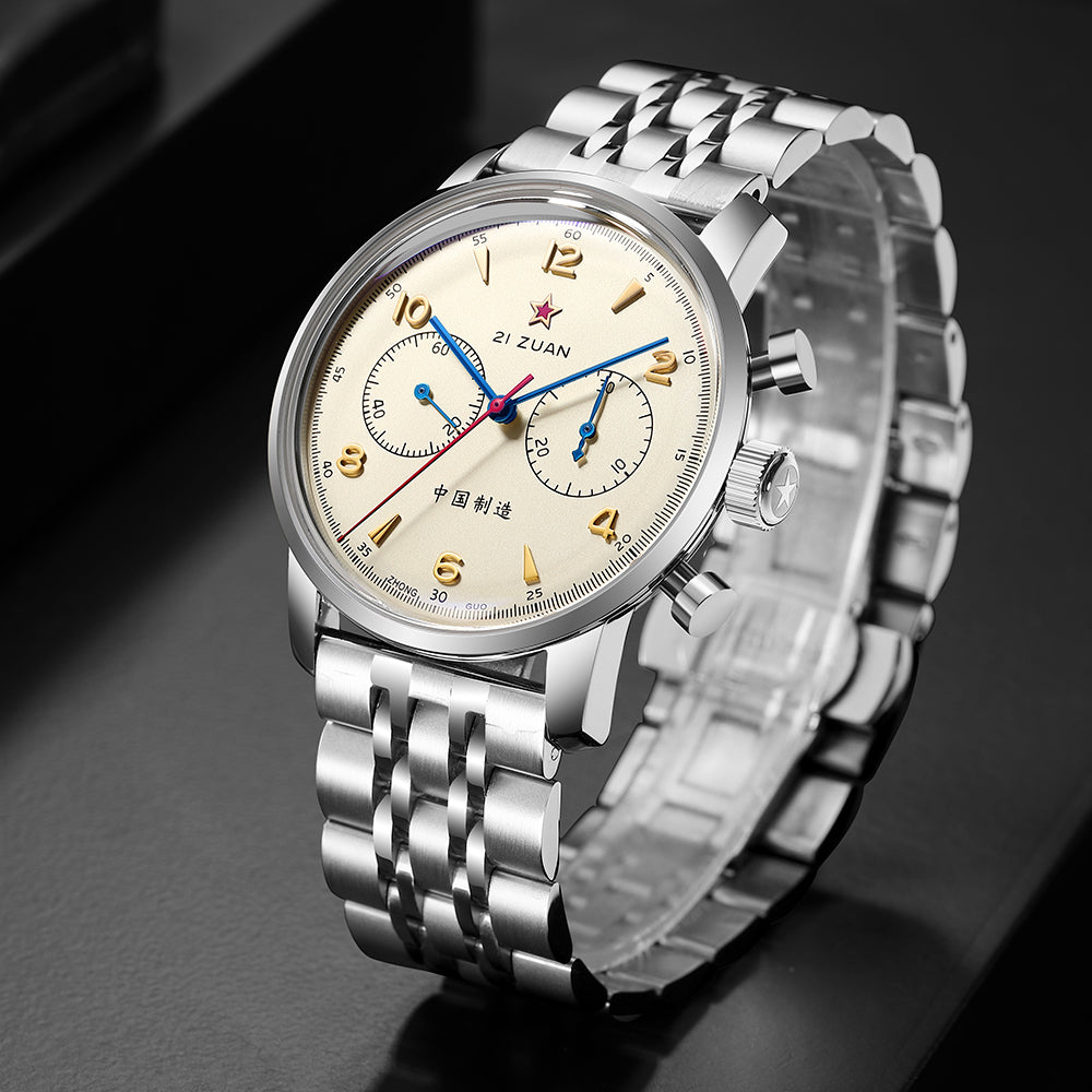 Seagull 1963 42mm Goldtone Dial Airforce Chronograph Watch with Swan ...