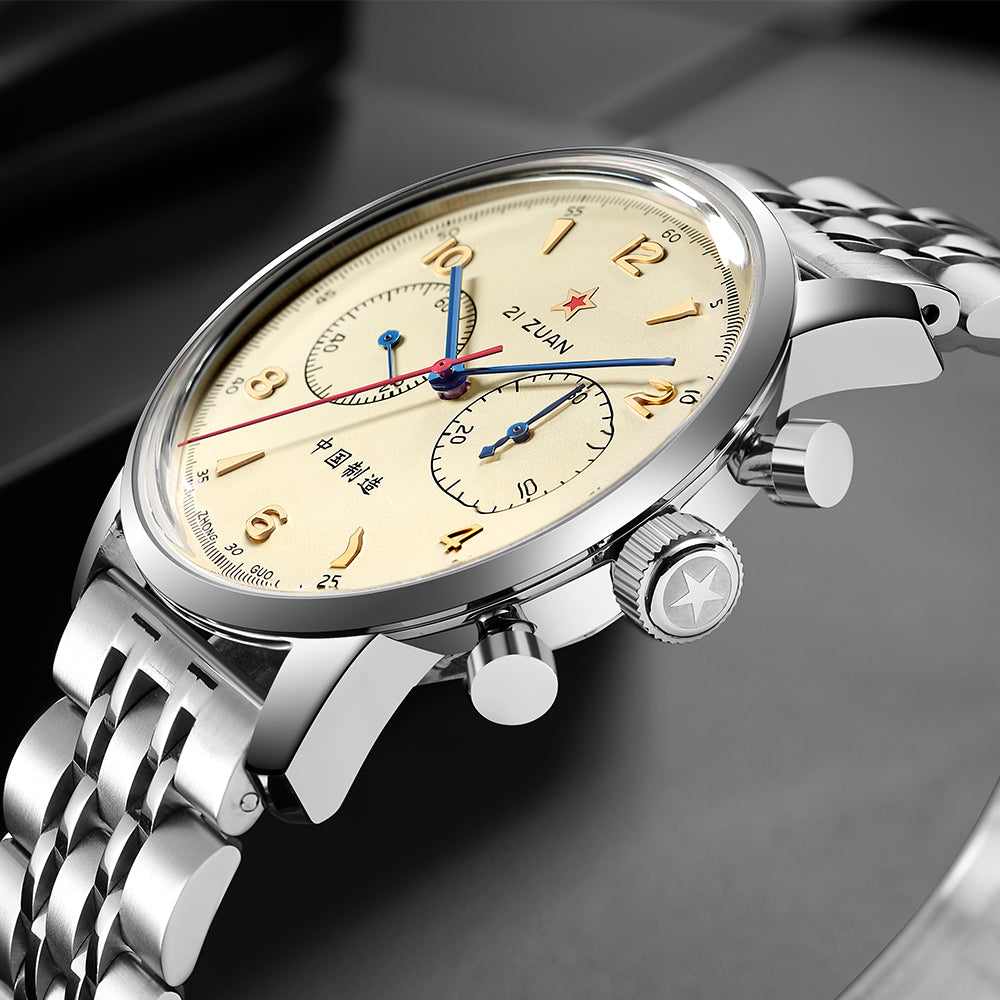Seagull 1963 42mm Goldtone Dial Airforce Chronograph Watch with Swan ...