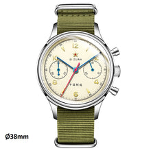 Load image into Gallery viewer, original Seagull 1963 38mm 21 zuan sapphire glass Airforce mechanical chronograph watch,  sea gull st19 watches men, chinese st1901 hand winding movement reloj, leather strap
