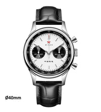 Load image into Gallery viewer, original Seagull 1963 40 21 zuan sapphire glass Airforce mechanical white panda dial chronograph watch,  sea gull st19 watches men, chinese st1901 hand winding movement reloj, leather strap

